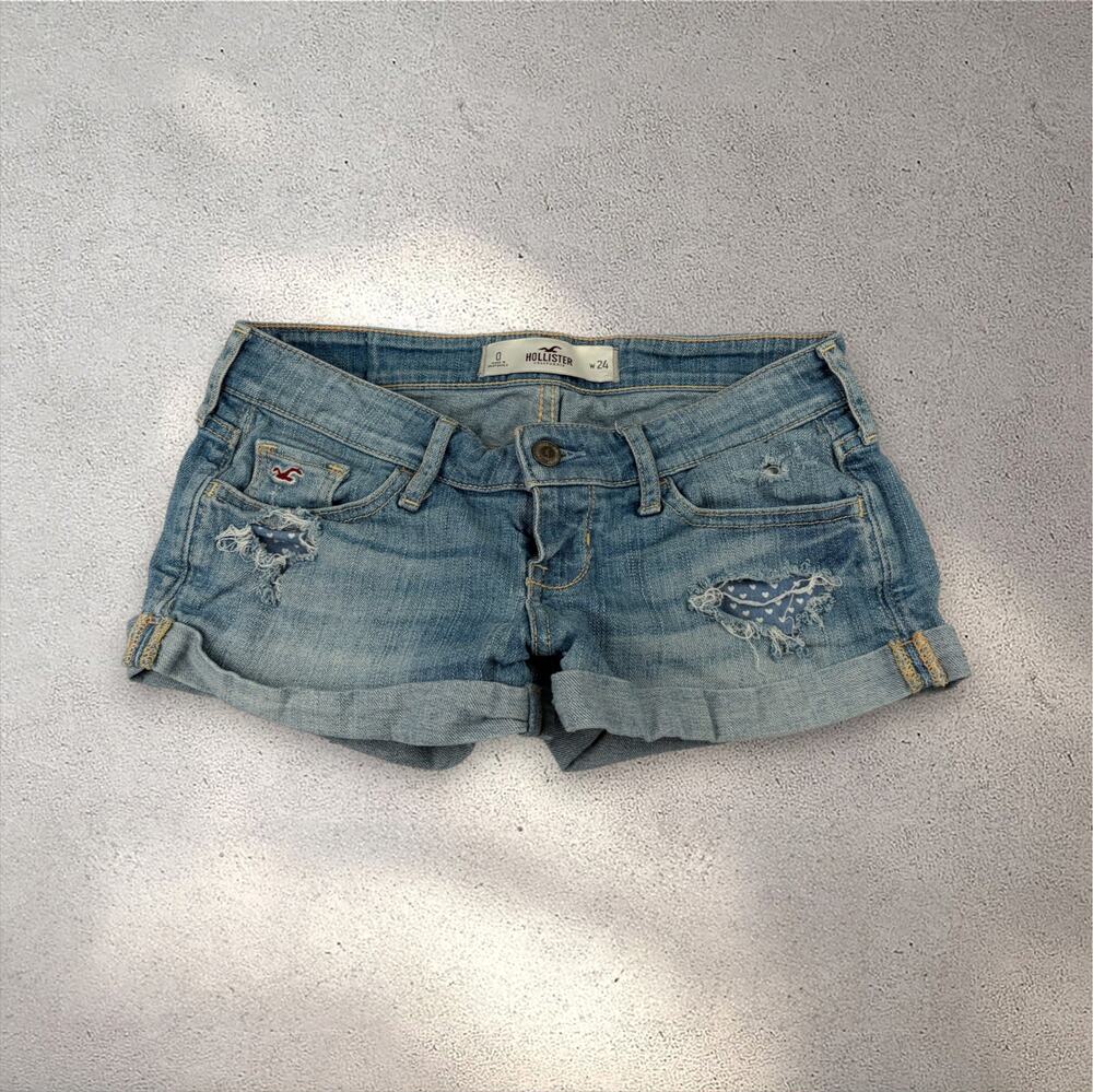 2000s Hollister Low Rise Polka Hearts Denim Shorts Women's 0 Blue Distressed Y2K